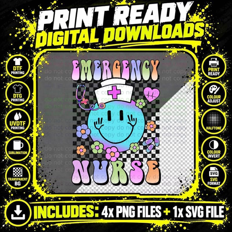 Emergency Nurse T-Shirt, Colorful Nurse Smiley Face with Png SVG Digital Bundle