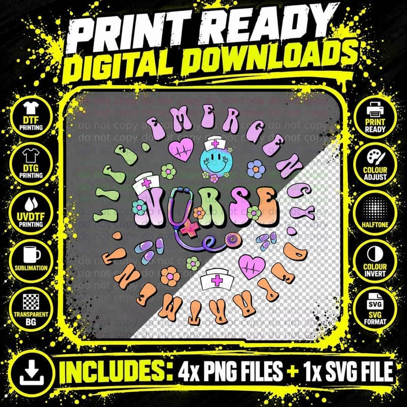 Emergency Nurse T-Shirt, Colorful Nurse-Themed Png SVG Digital Bundle