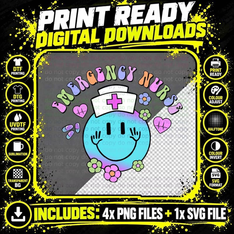 Emergency Nurse T-Shirt, Smiling Nurse with Flowers and Png SVG Digital Bundle
