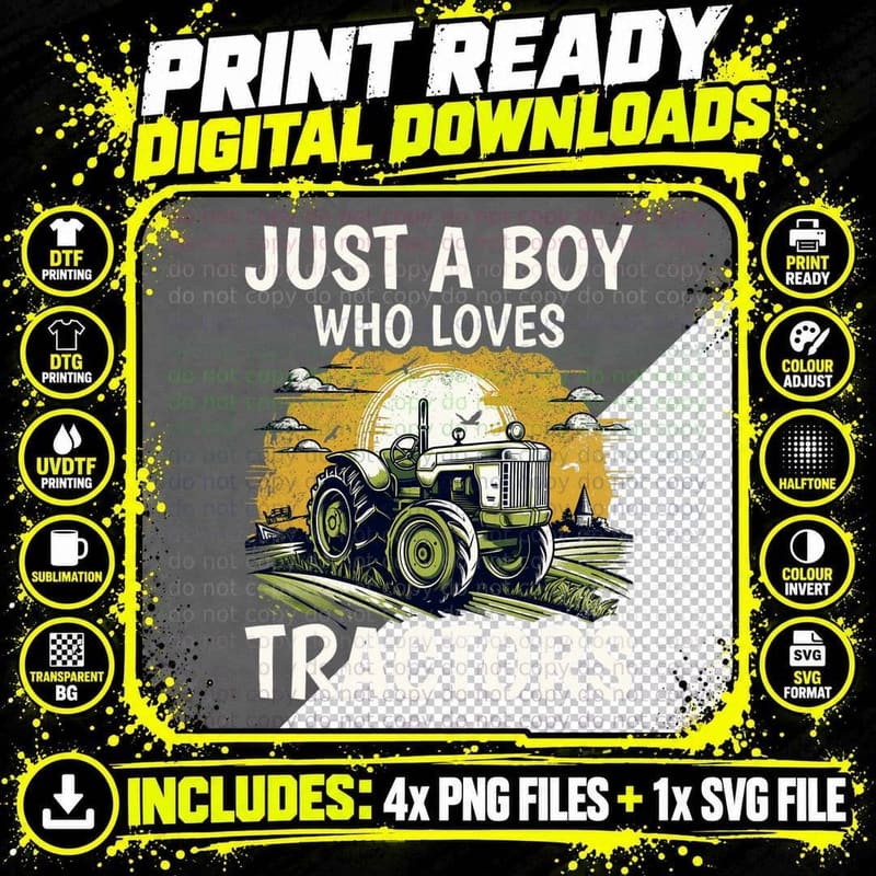 Farm Lifestyle Just a Boy Who Loves Tractors Farmer Kids Png SVG Digital Bundle