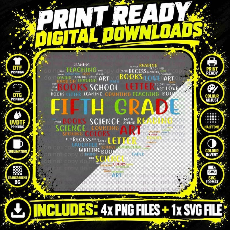 Fifth Grade Heart Shirt Teacher Fifth Day Back to School Png SVG Digital Bundle