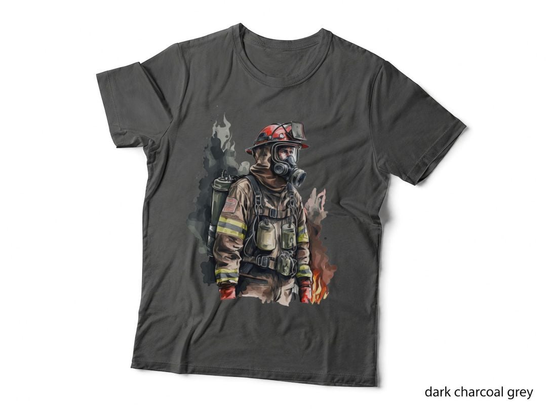 Firefighter in Gear Amidst Smoke and Flames Firefighter Flag T-Shirt