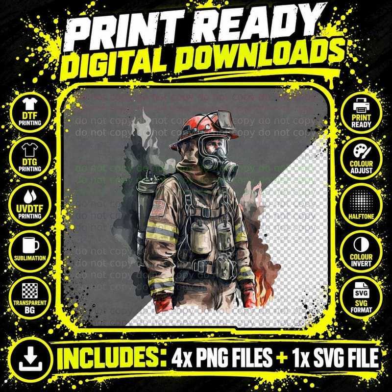 Firefighter in Gear Amidst Smoke and Flames Firefighter Png SVG Digital Bundle
