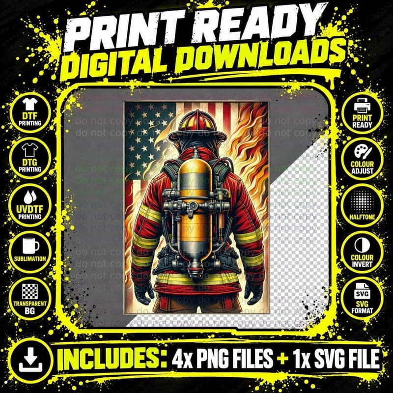 Firefighter in Gear with Flames Firefighter Flag T-Shirt Png SVG Digital Bundle