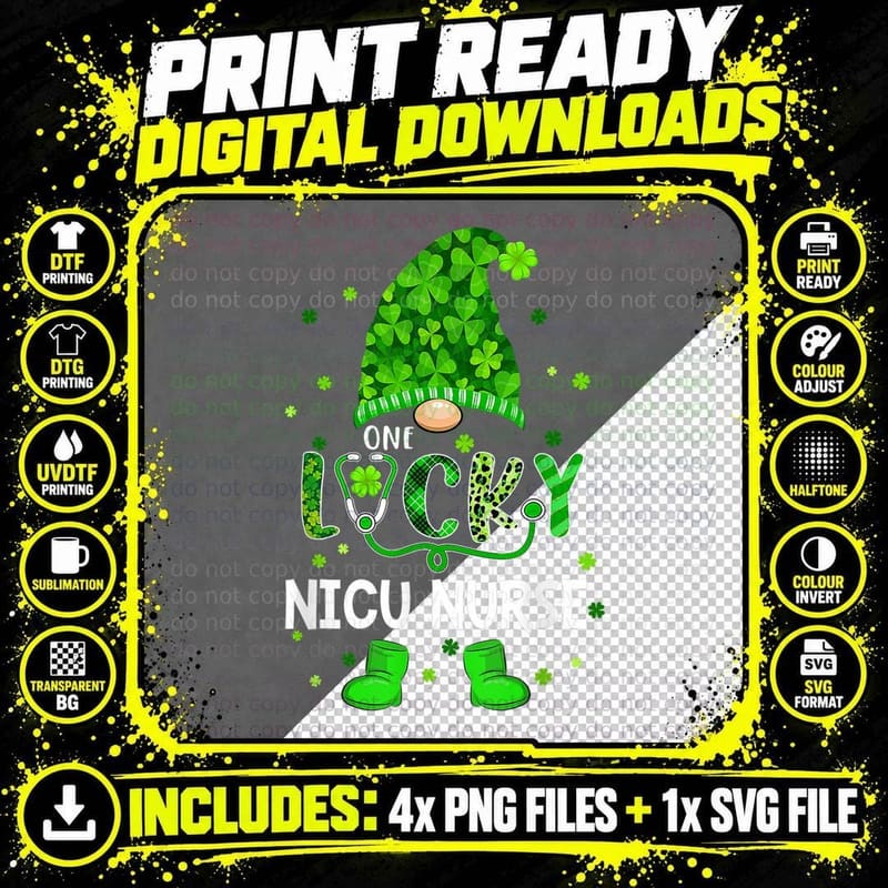 Funny Gnome One Lucky Nicu Nurse St Patricks Day Png SVG Digital Bundle