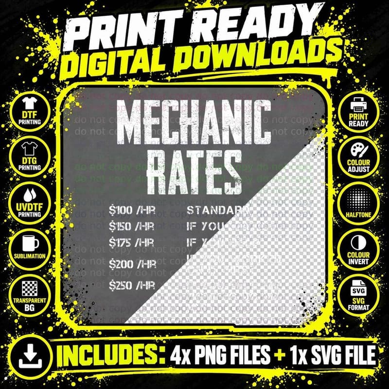 Funny Mechanic Hourly Rate Auto Repair Car Mechanic Png SVG Digital Bundle