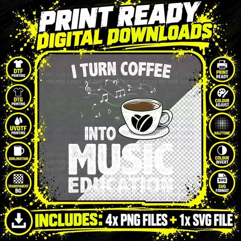 Funny Music Teacher Art for Women Men Musician Coffee Png SVG Digital Bundle