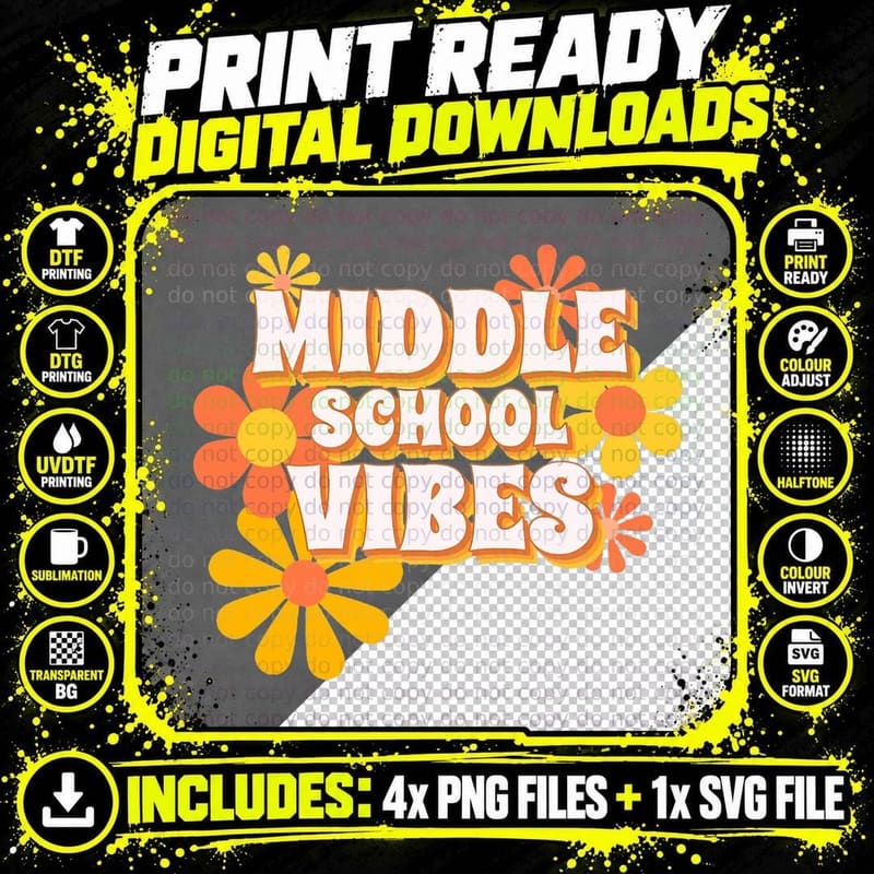 Groovy Middle School Vibes Back to School Teacher Kids Png SVG Digital Bundle