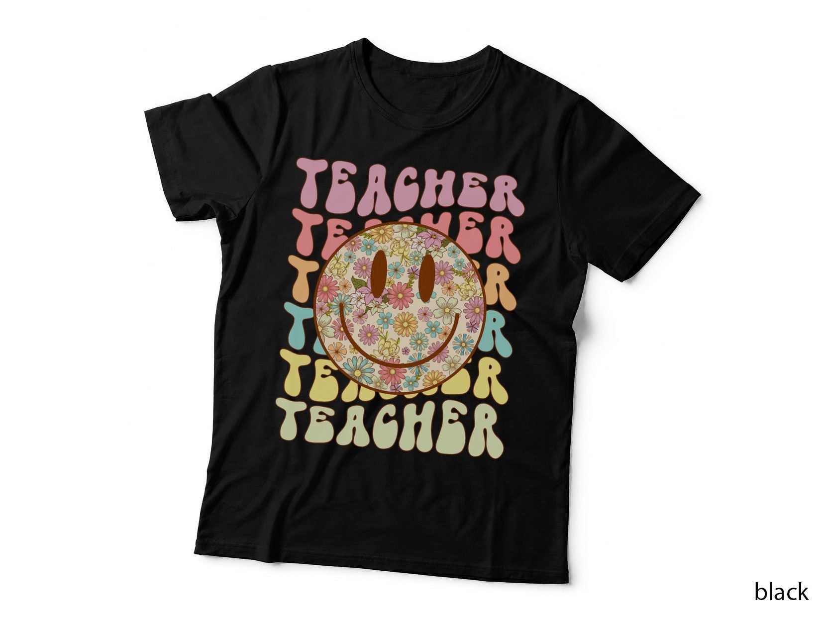 Groovy Retro Teacher Floral Smile Face Back to School T-Shirt