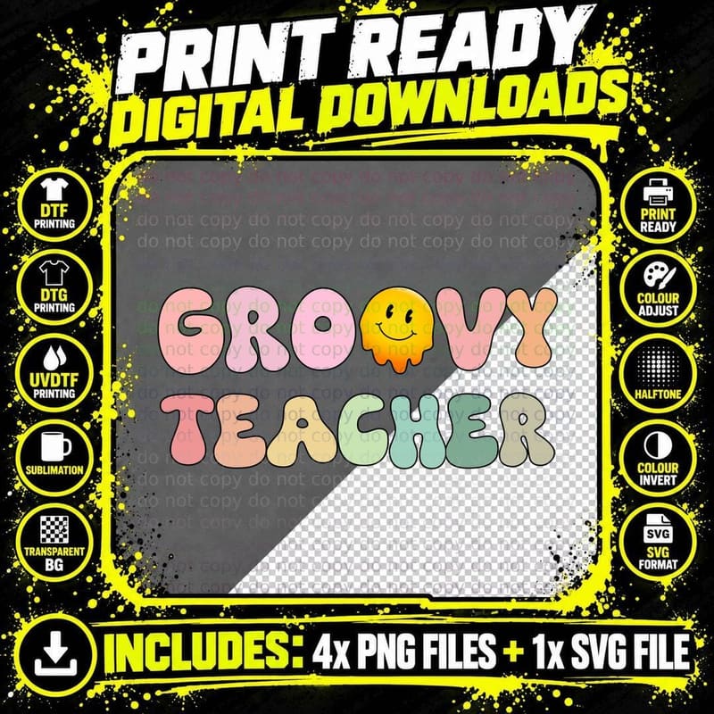 Groovy Teacher T-Shirt, Pastel Letters with Smiley Face Png SVG Digital Bundle