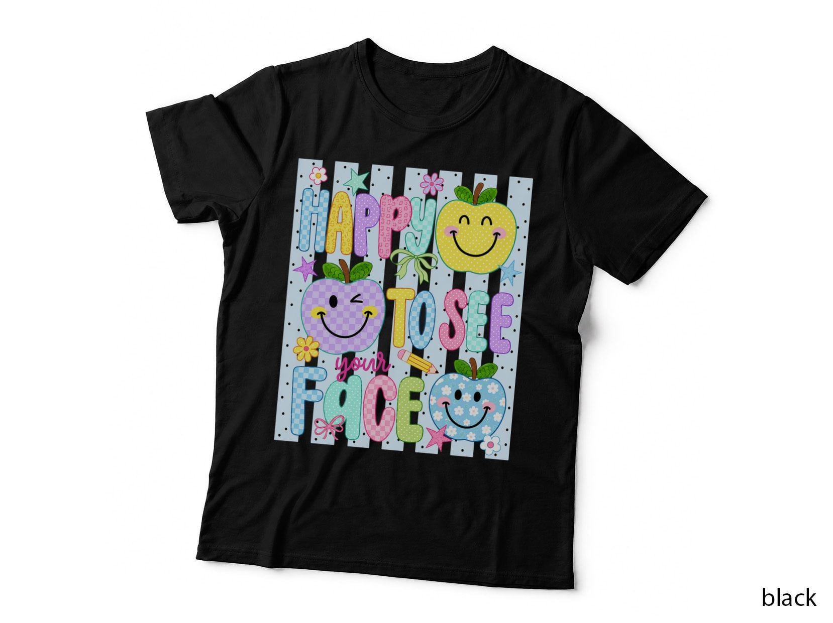 Happy to See Your Face Funny Teacher T-Shirt, Colorful Apples with Smiley Faces