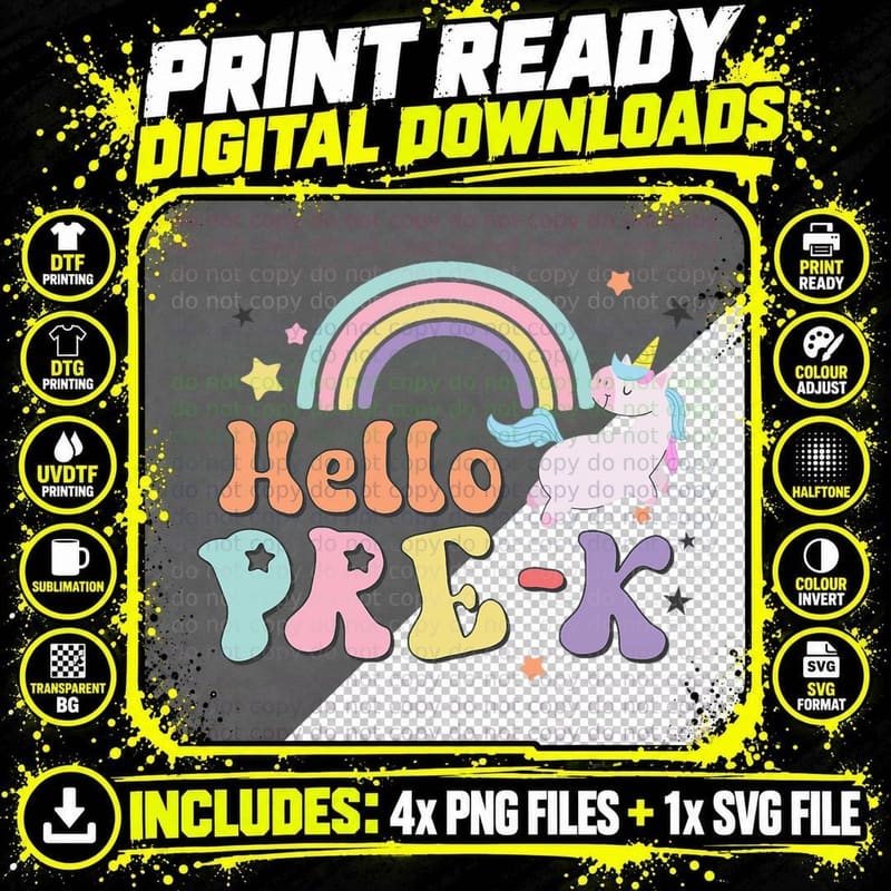 Hello Pre K Unicorn Team Back to School Teacher Girl Boy Png SVG Digital Bundle