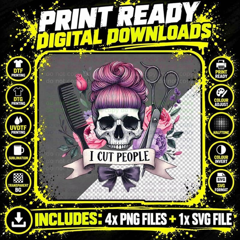 I Cut People Barber T-Shirt, Skull with Hair Accessories Png SVG Digital Bundle