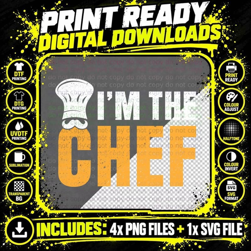 I'm the Chef Heartbeat T-Shirt, Chef's Hat with Mustache Png SVG Digital Bundle