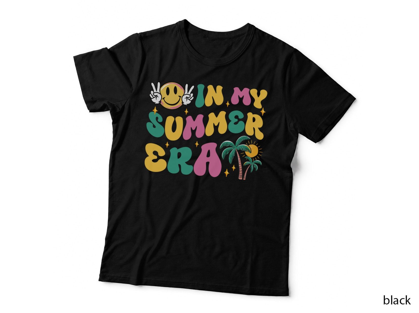 In My Summer Era Teacher T-Shirt, Smiley Face Peace Sign Palm Trees Graphic Tee