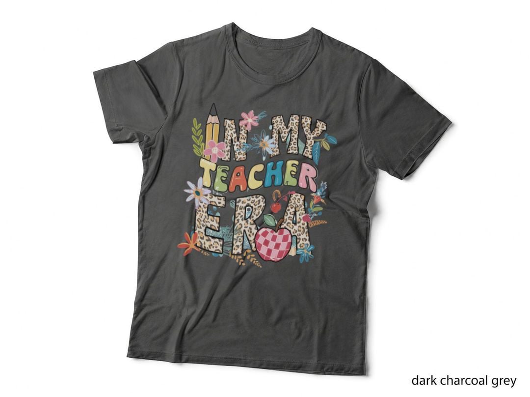 In My Teacher Era Teacher T-Shirt, Leopard Print Flowers Pencil Apple Graphic