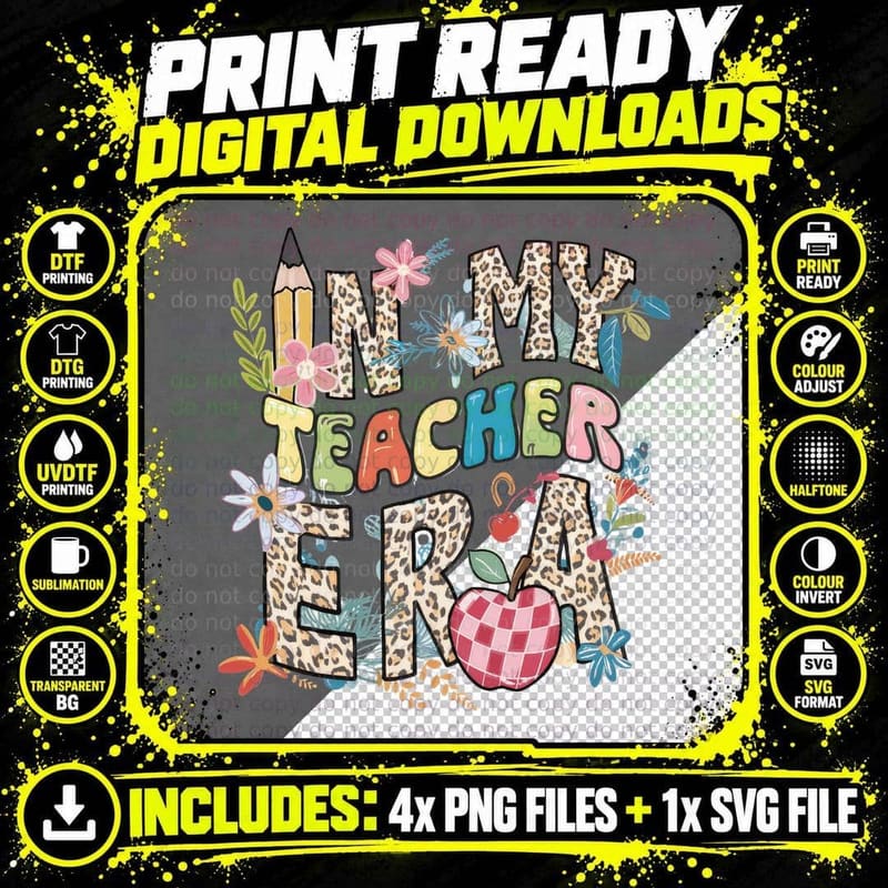 In My Teacher Era Teacher T-Shirt, Leopard Print Flowers Png SVG Digital Bundle