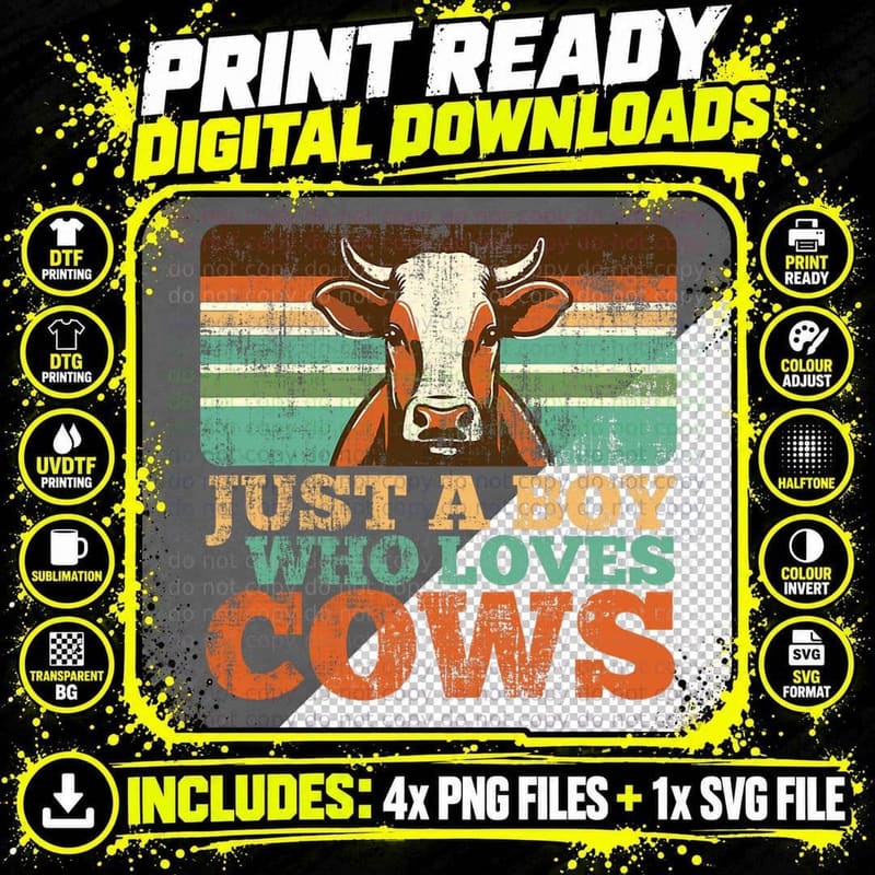 Just a Boy Who Loves Cows Farm Animal Lover Retro Farmer Png SVG Digital Bundle