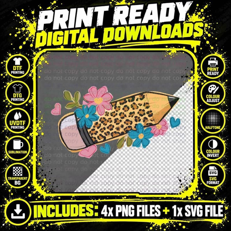 Leopard Print Pencil with Flowers Teacher T-Shirt Png SVG Digital Bundle