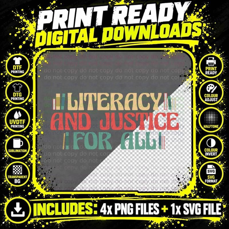 Literacy and Justice for All Teacher Reading Book Lover Png SVG Digital Bundle