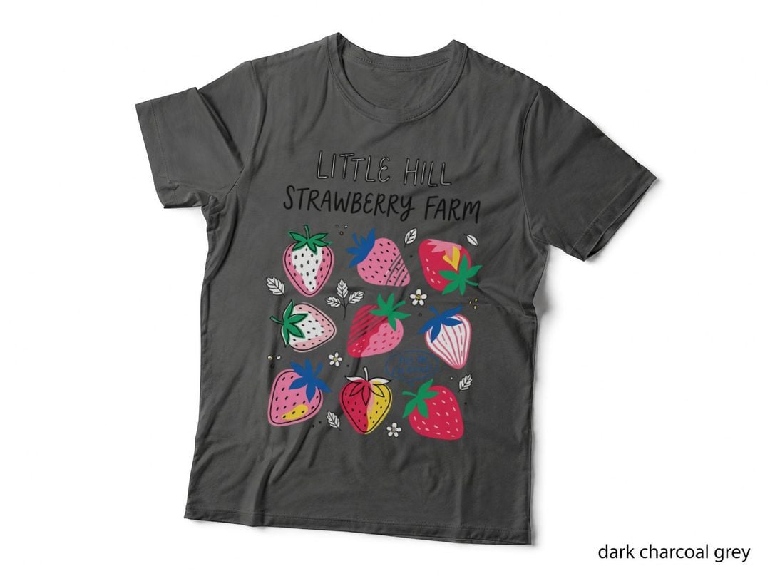 Little Hill Strawberry Farm Farmer T-Shirt, Colorful Strawberries on Gray