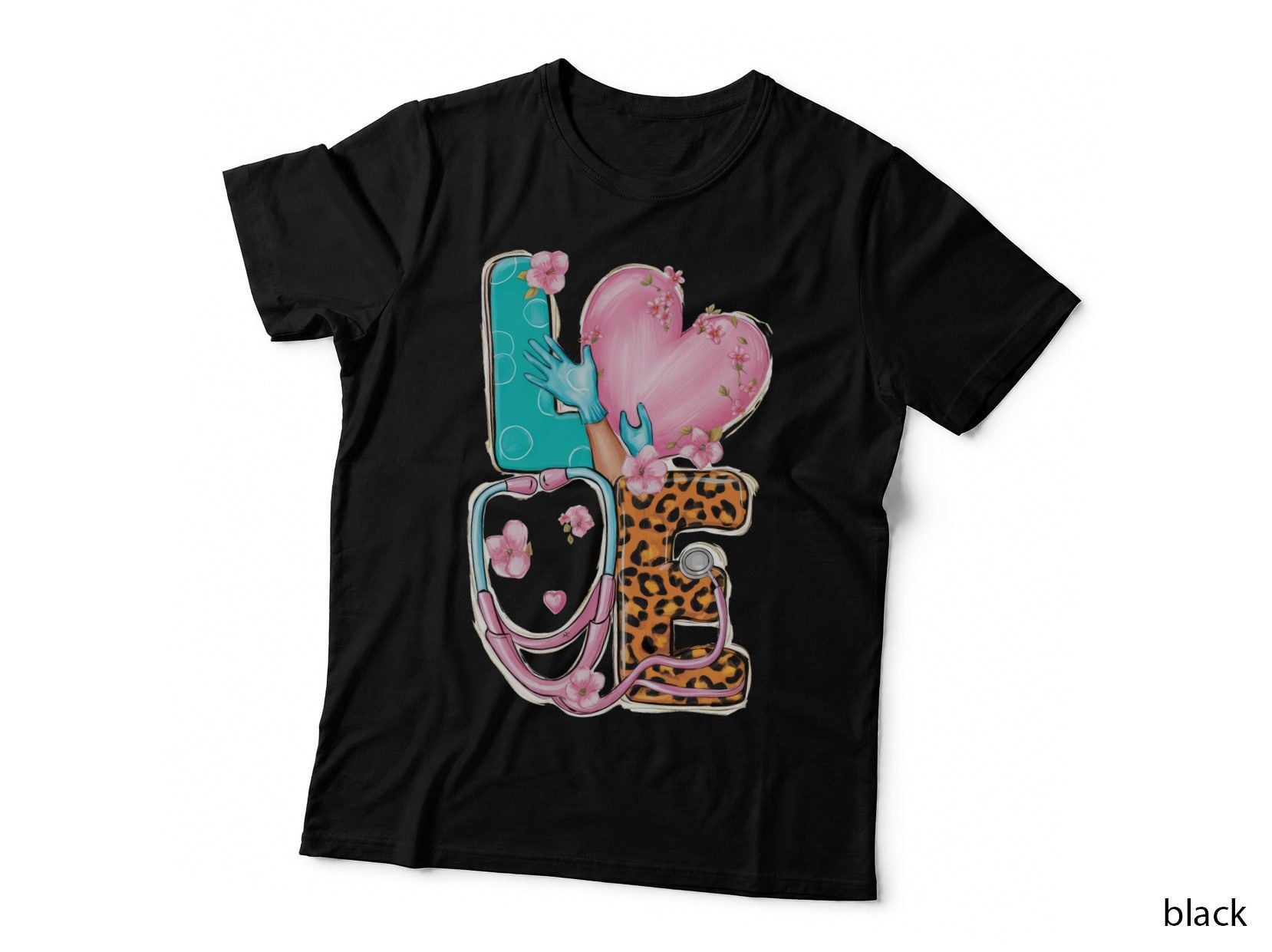 Love Nurse T-Shirt, Love with Gloves and Stethoscope Graphic Tee