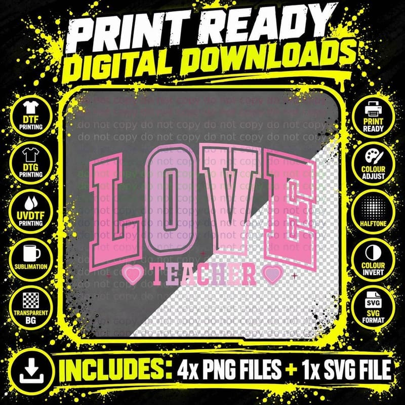 Love Teacher Pink Outline Letters Heart Accents Png SVG Digital Bundle