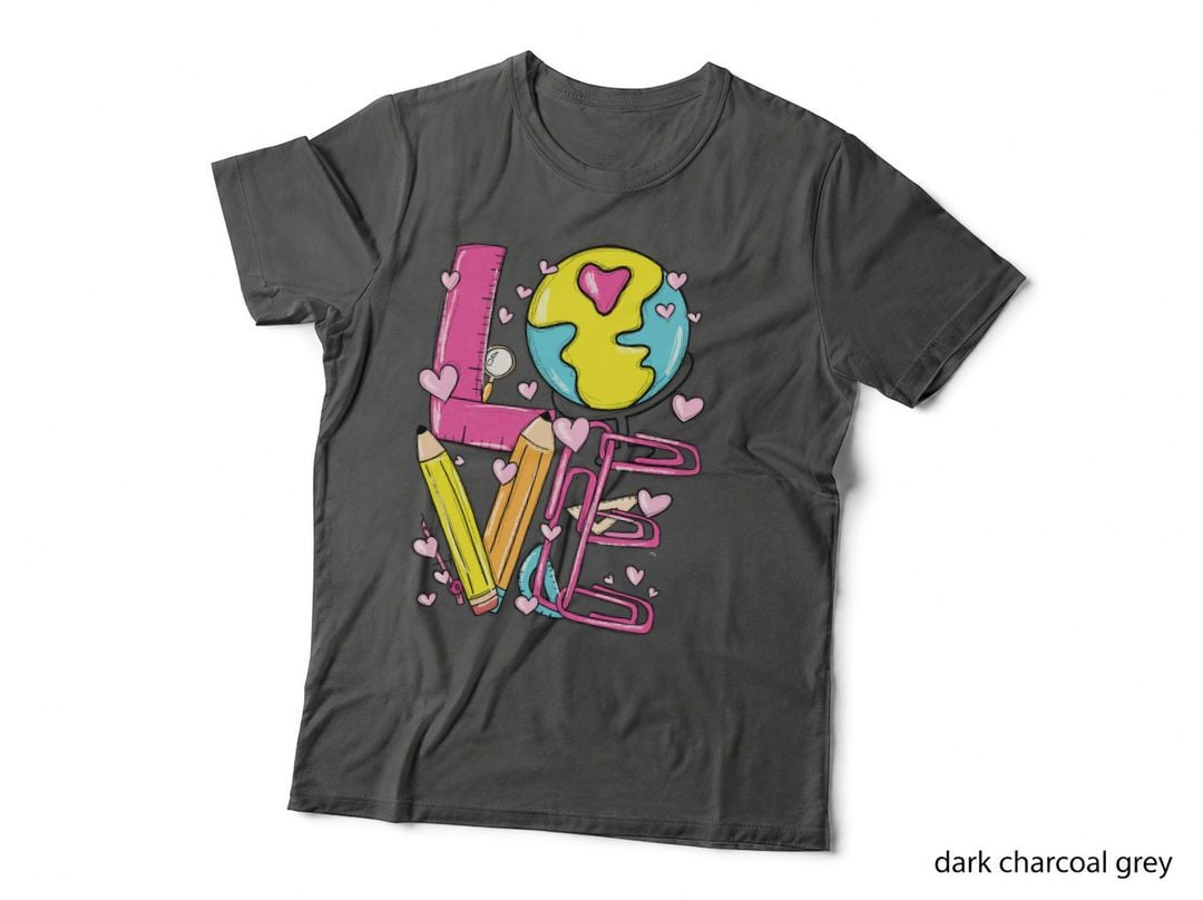 Love Teacher T-Shirt, School Supplies Hearts Globe Graphic Tee