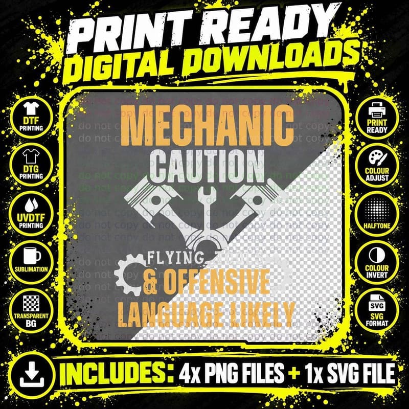 Mechanic Caution Flying Tools & Offensive Language Png SVG Digital Bundle