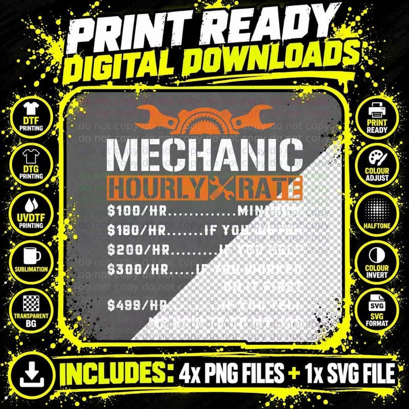 Mechanic Hourly Rate $100 Hr Minimum $180 Hr If You Png SVG Digital Bundle