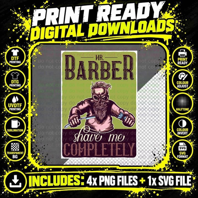 Mr. Barber Shave Me Completely Skull Razor Shaving Green Png SVG Digital Bundle