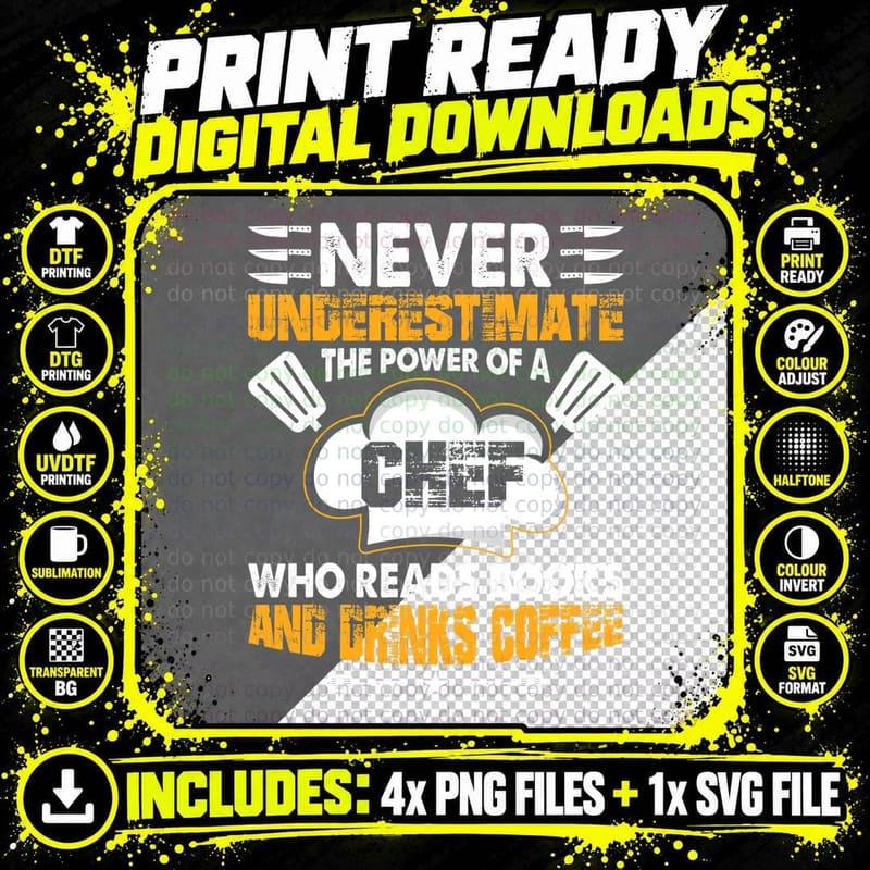 Never Underestimate the Power of a Chef Who Reads Books Png SVG Digital Bundle