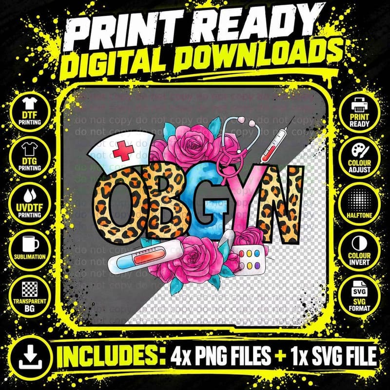 Ob-Gyn Leopard Print Nurse Cap Flowers Medical Items Png SVG Digital Bundle