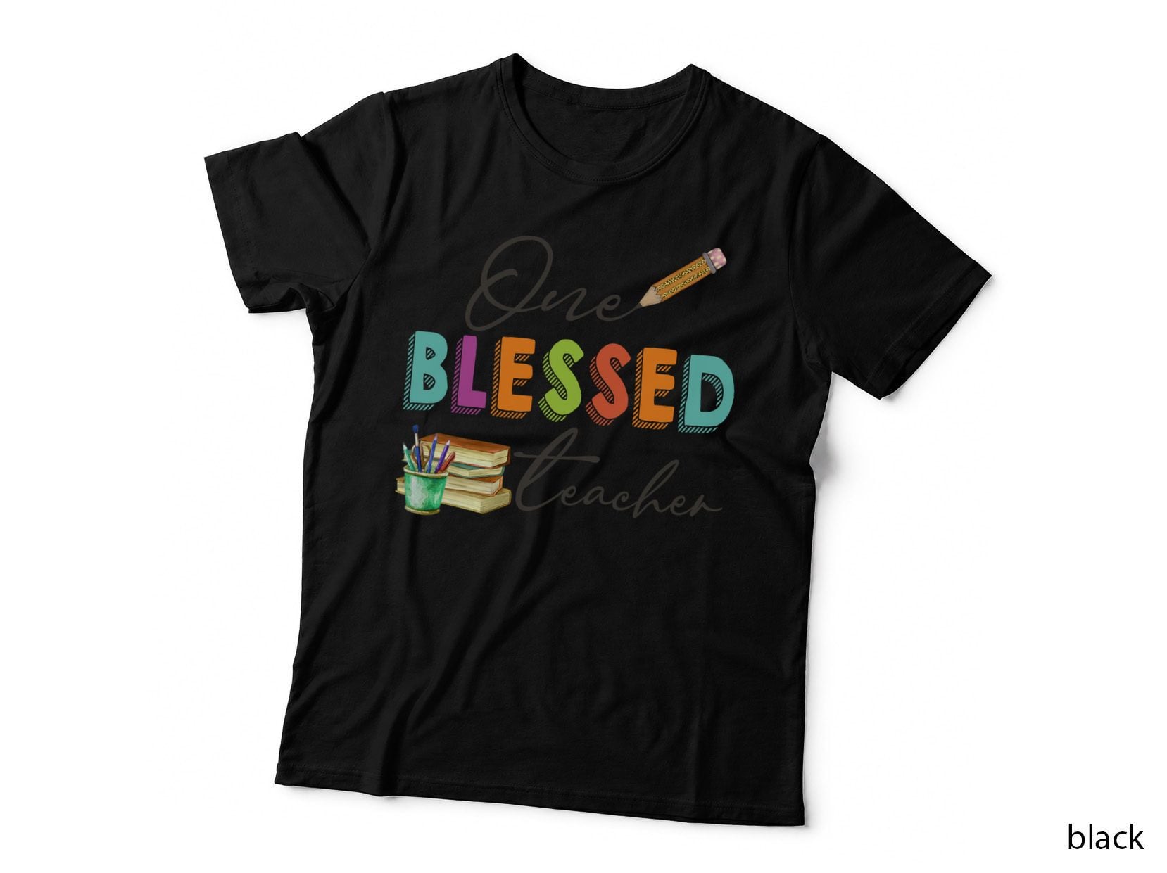 One Blessed Teacher T-Shirt, Teacher's Desk with Books and Graphic Tee