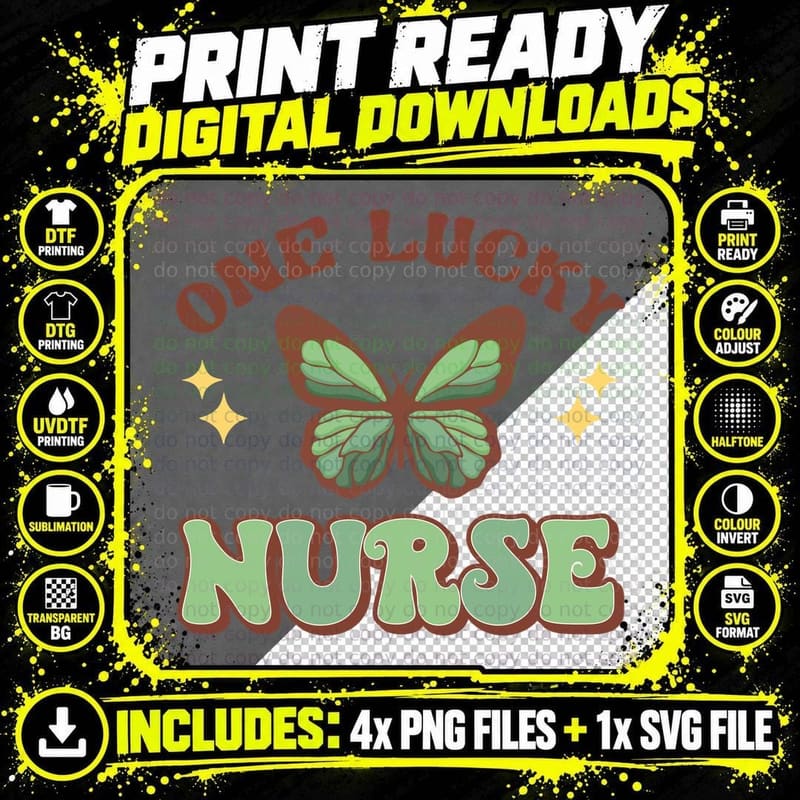 One Lucky Nurse T-Shirt, Butterfly on Gray Background Png SVG Digital Bundle