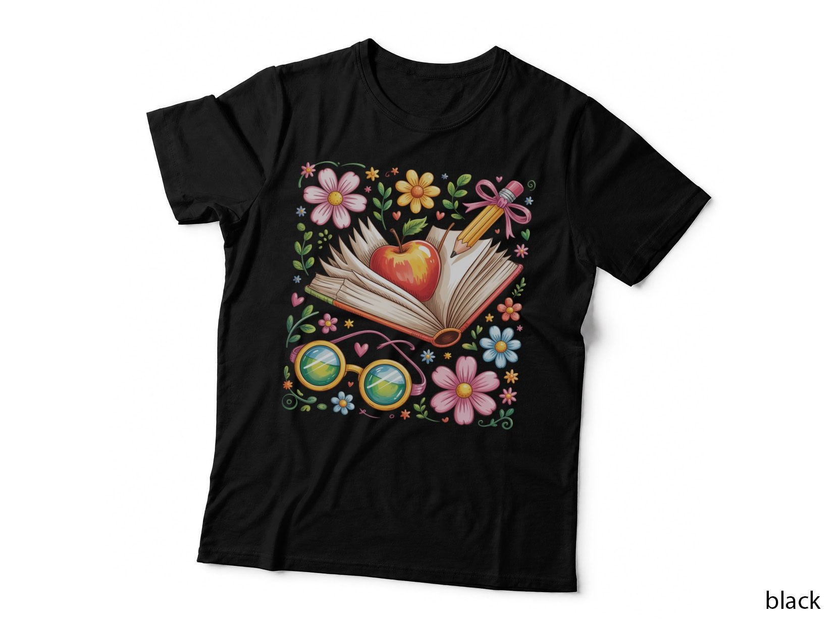 Open Book with Apple Glasses Flowers Teacher T-Shirt, Teacher Graphic Tee