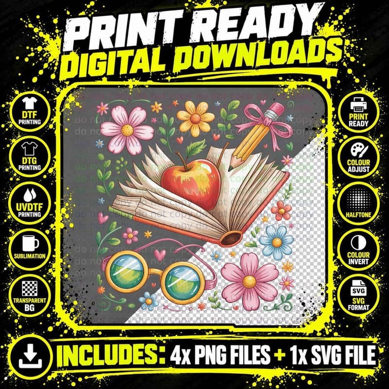 Open Book with Apple Glasses Flowers Teacher T-Shirt Png SVG Digital Bundle