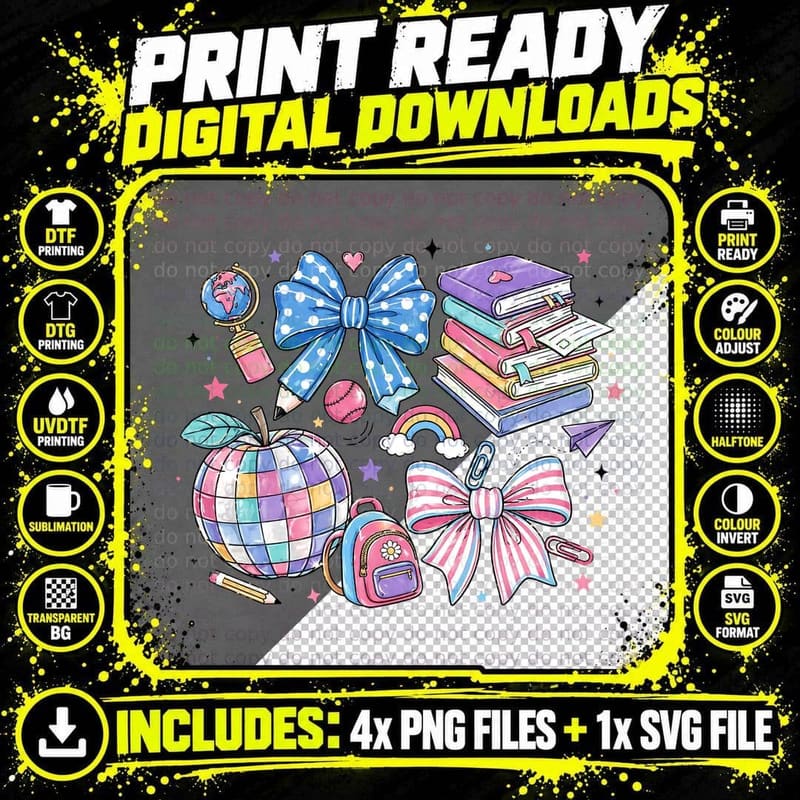 Pastel School Supplies with Bows Funny Teacher T-Shirt Png SVG Digital Bundle