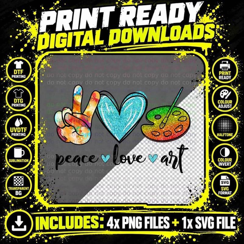 Peace Love Art Painting Palette Funny Art Teacher Gifts Png SVG Digital Bundle