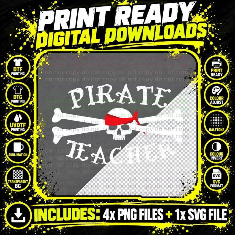 Pirate Teacher Shirt, Funny Cute Skull Crossbones Gift Png SVG Digital Bundle