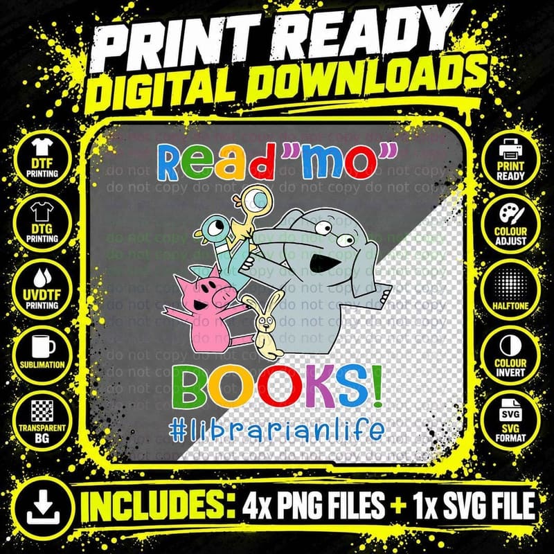 Read Mo Book Cute Teacher Librarian Elephant Pigeon Png SVG Digital Bundle
