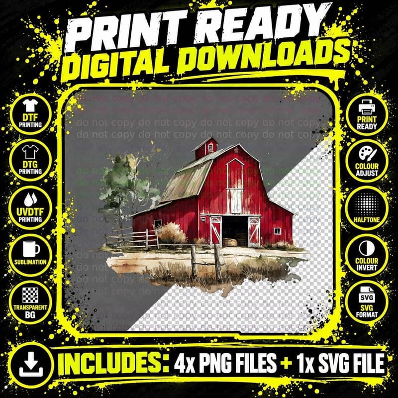 Red Barn Watercolor Landscape Farmer T-Shirt Png SVG Digital Bundle