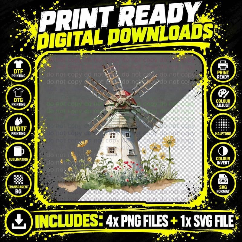 Rustic Windmill Surrounded by Flowers Farmer T-Shirt Png SVG Digital Bundle