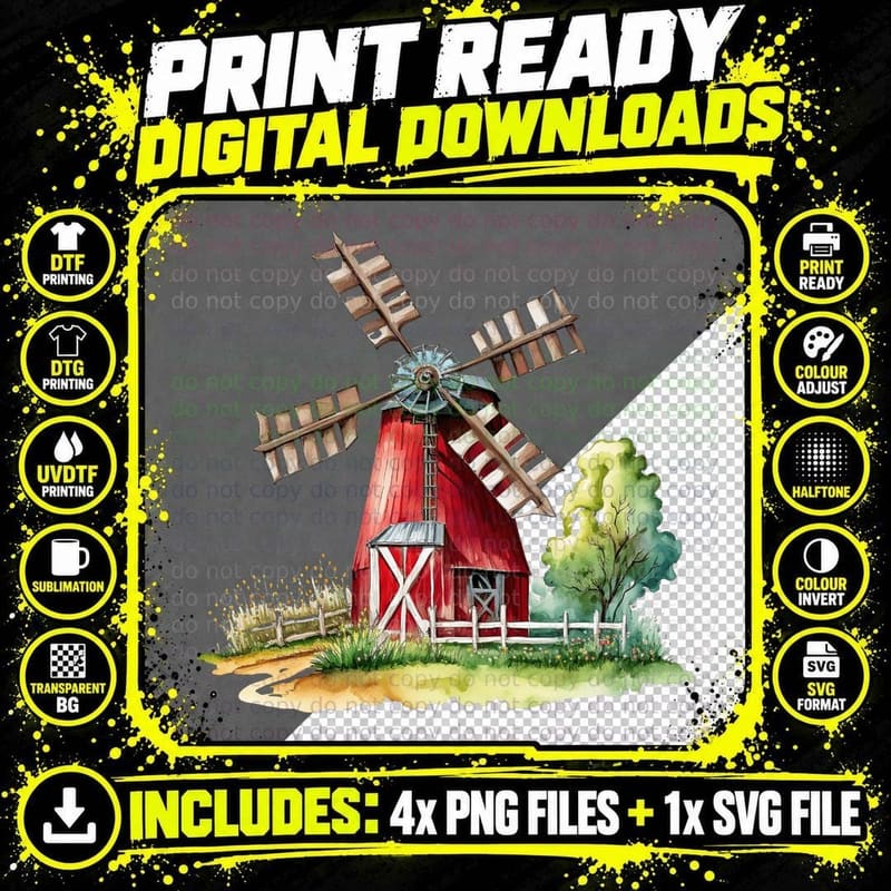 Rustic Windmill in Vibrant Landscape Farmer T-Shirt Png SVG Digital Bundle