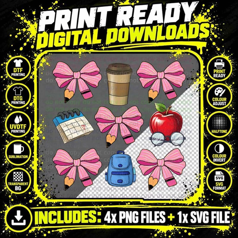 School Supplies & Bows Funny Teacher T-Shirt Png SVG Digital Bundle
