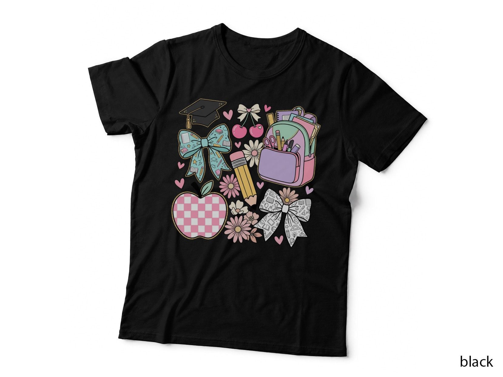 School Supplies & Bows Teacher T-Shirt, Teacher Graphic Tee, Cute Teacher Shirt
