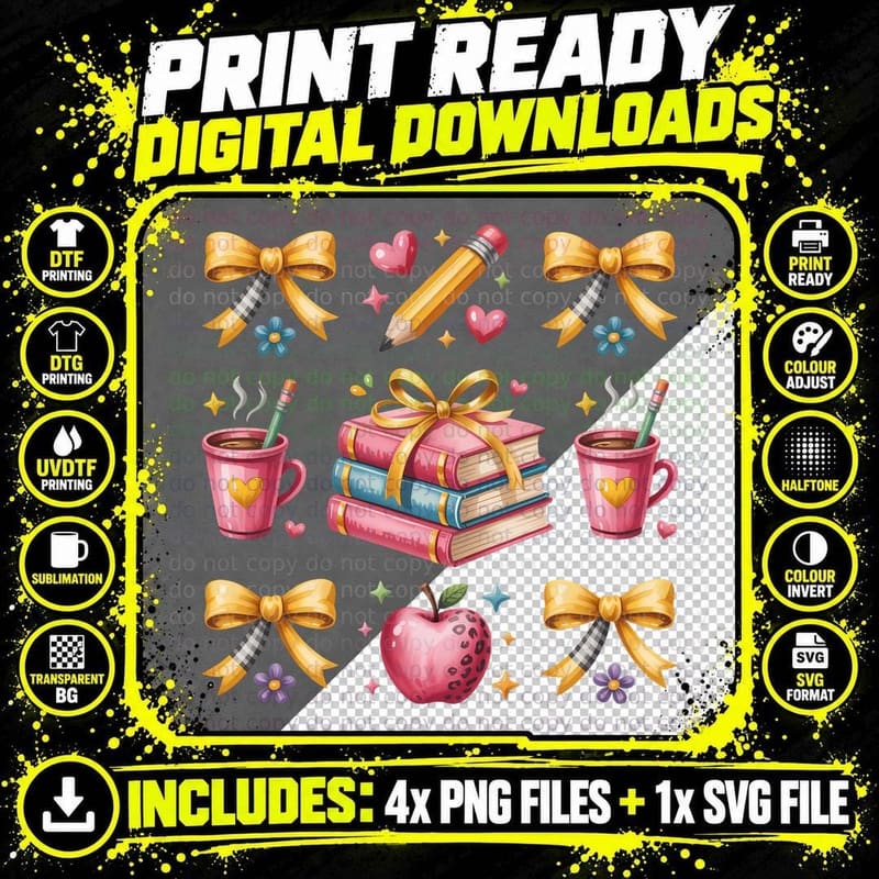 School Supplies & Bows Teacher T-Shirt Png SVG Digital Bundle