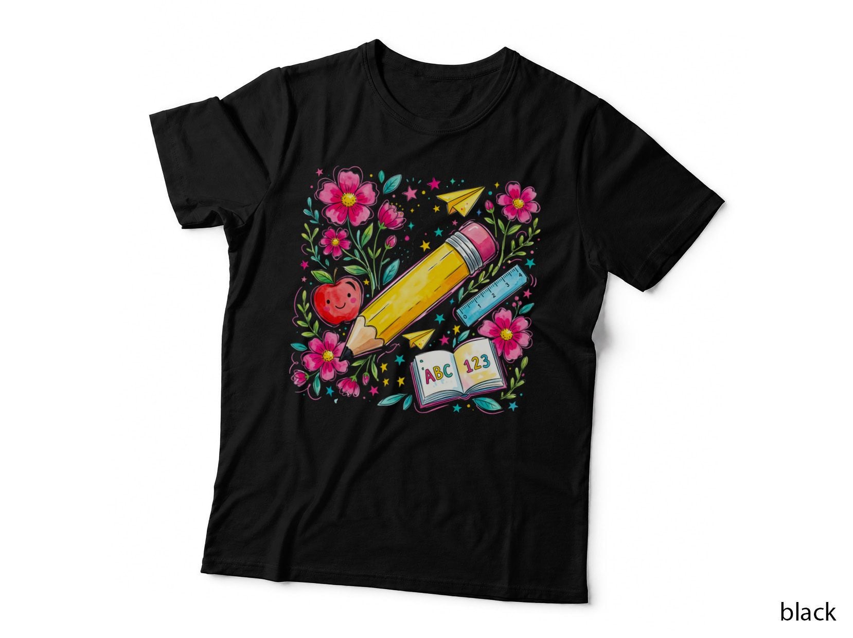 School Supplies & Flowers Funny Teacher T-Shirt, Funny Teacher Graphic Tee
