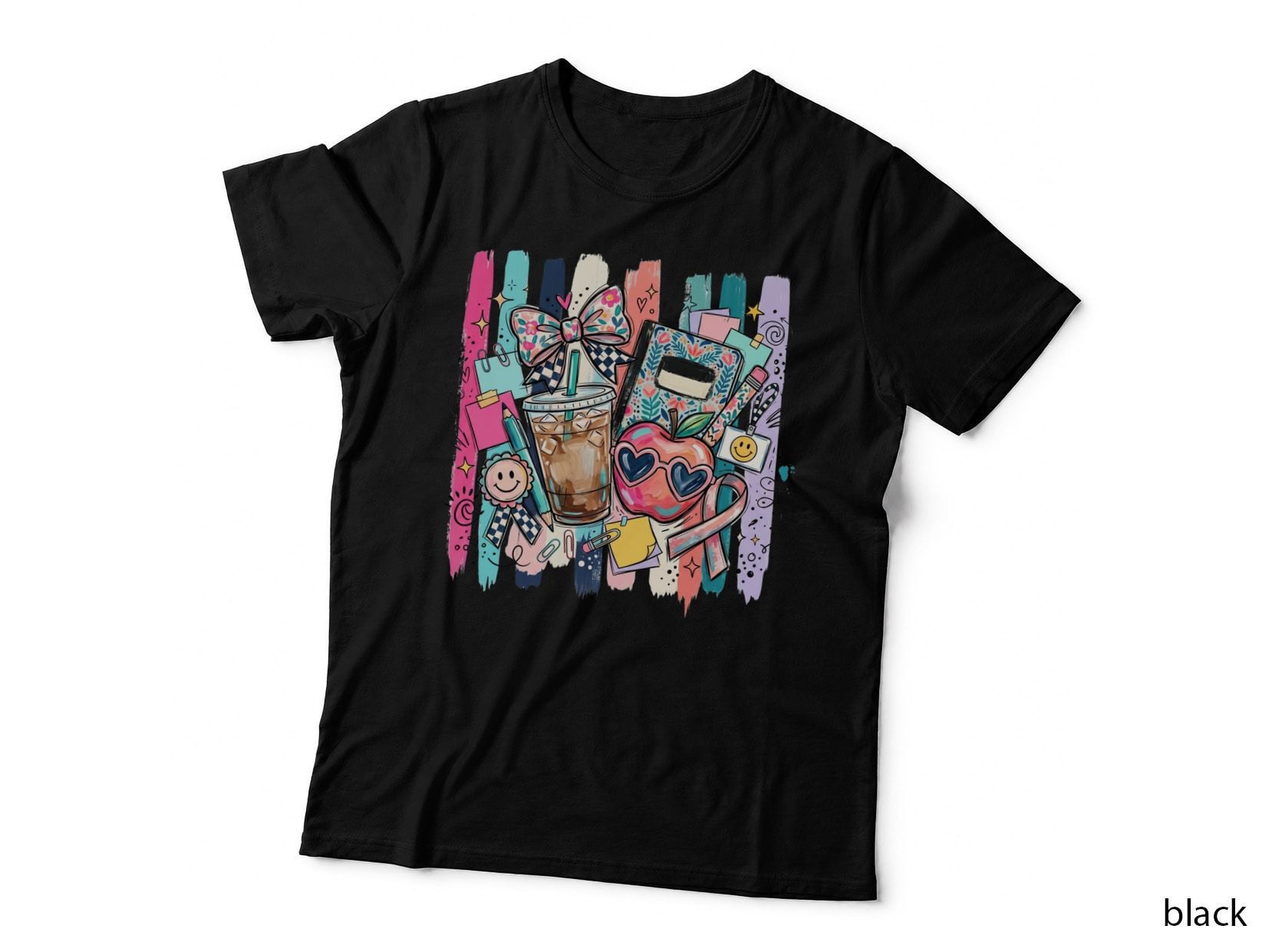 School Supplies Drink Apple Bow Teacher T-Shirt, Teacher Graphic Tee