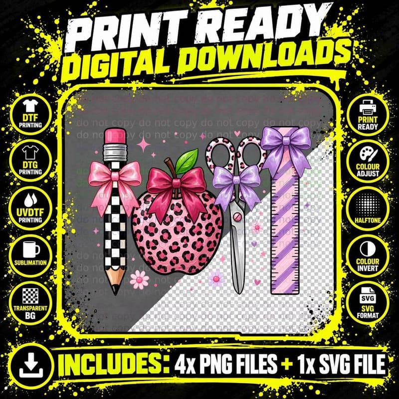 School Supplies with Leopard Print & Bows Teacher Png SVG Digital Bundle